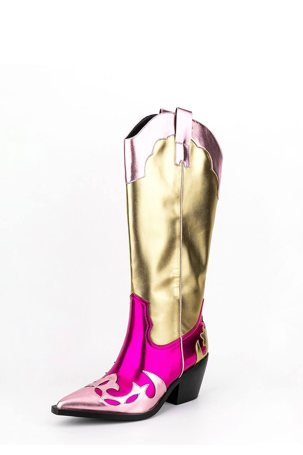 Color Block Metallic Mid-Calf Western Cowboy Pointed Toe Block Heeled Boot