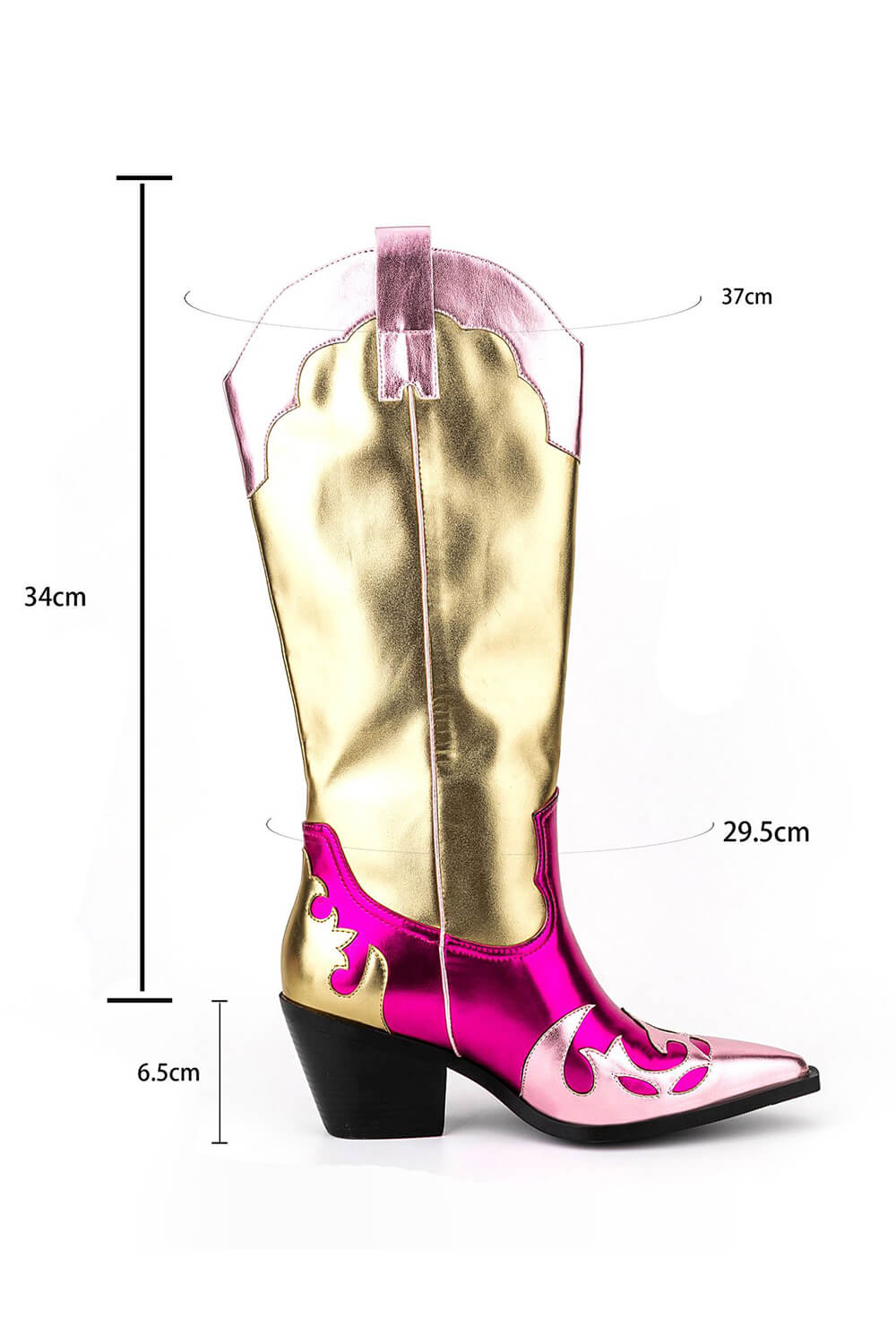 Color Block Metallic Mid-Calf Western Cowboy Pointed Toe Block Heeled Boot