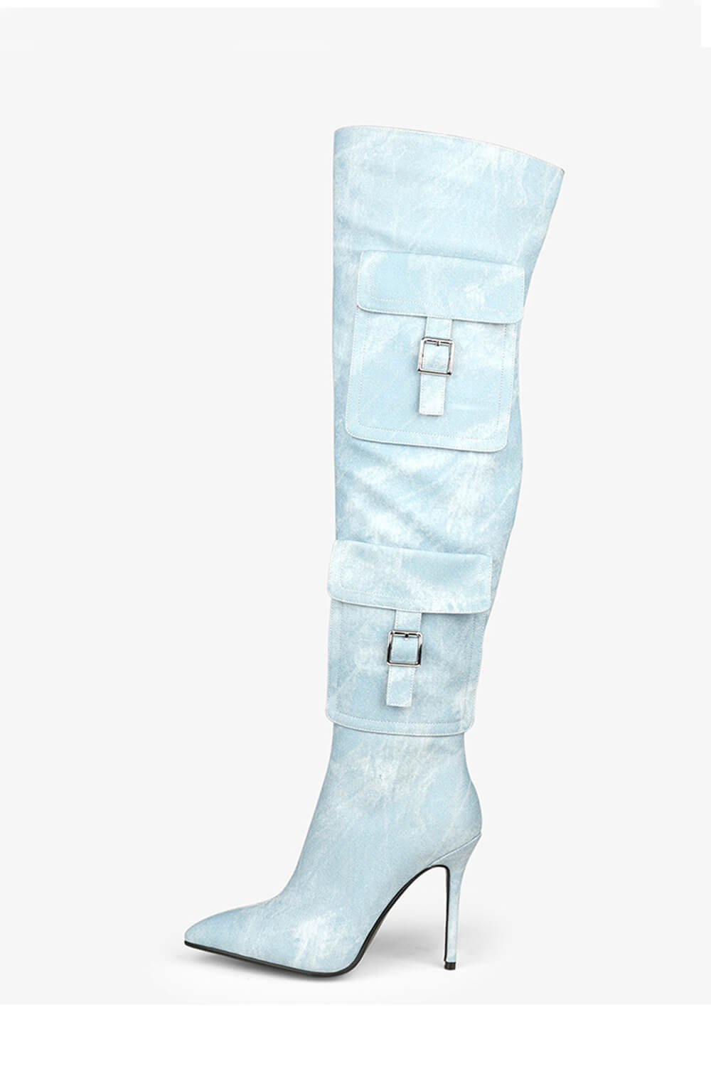 Denim Cargo Pocket Pointed Toe Thigh High Stiletto Boots