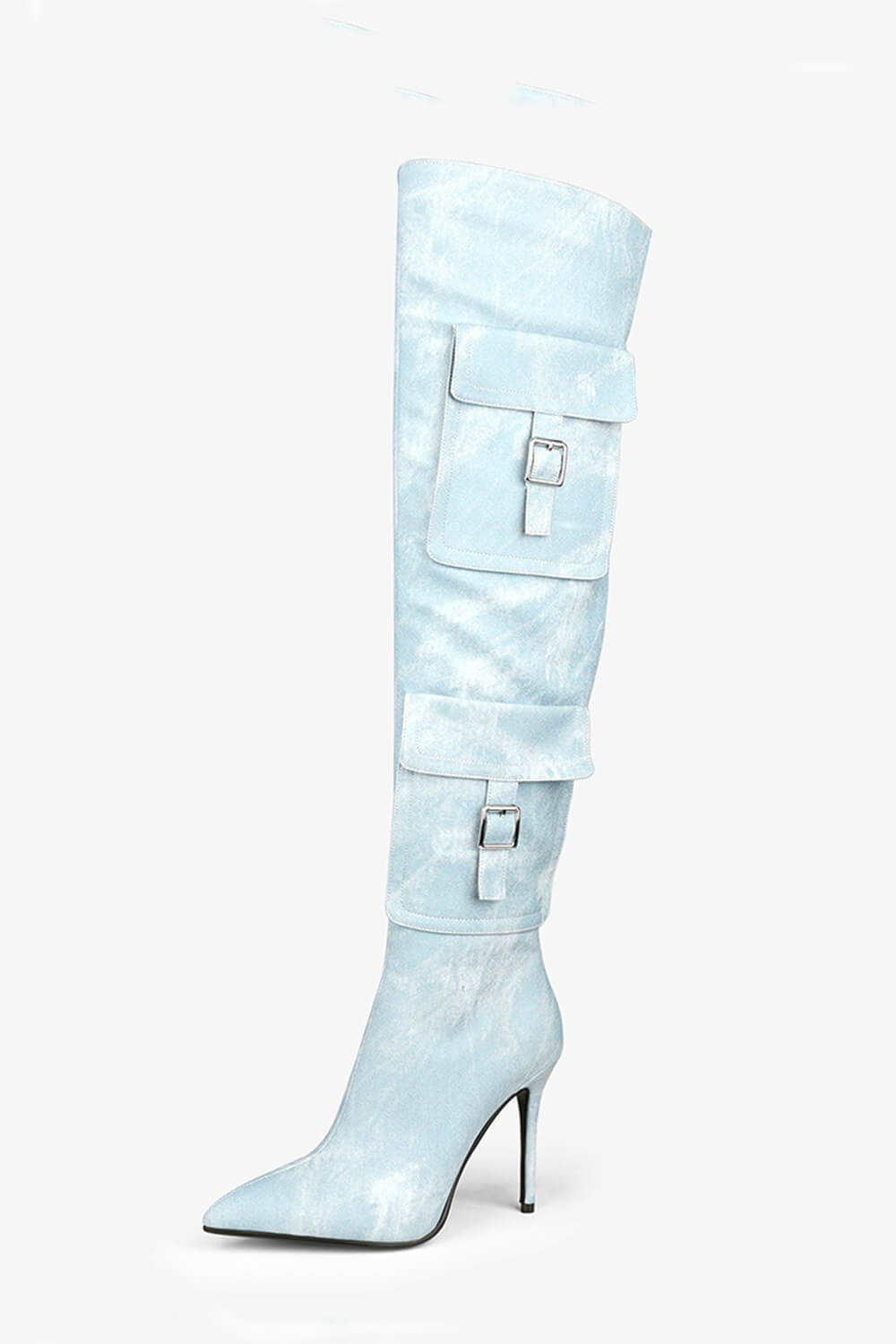 Denim Cargo Pocket Pointed Toe Thigh High Stiletto Boots