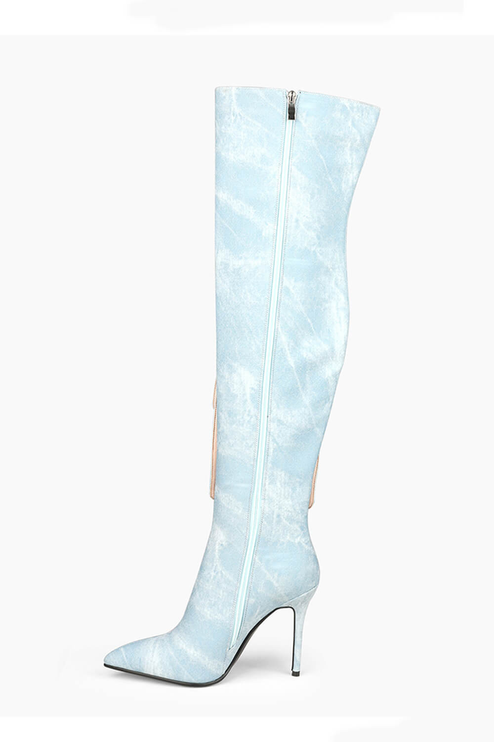 Denim Cargo Pocket Pointed Toe Thigh High Stiletto Boots