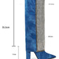 Denim Folded Rhinestone Knee High Pointed Toe Block Heel Long Boots