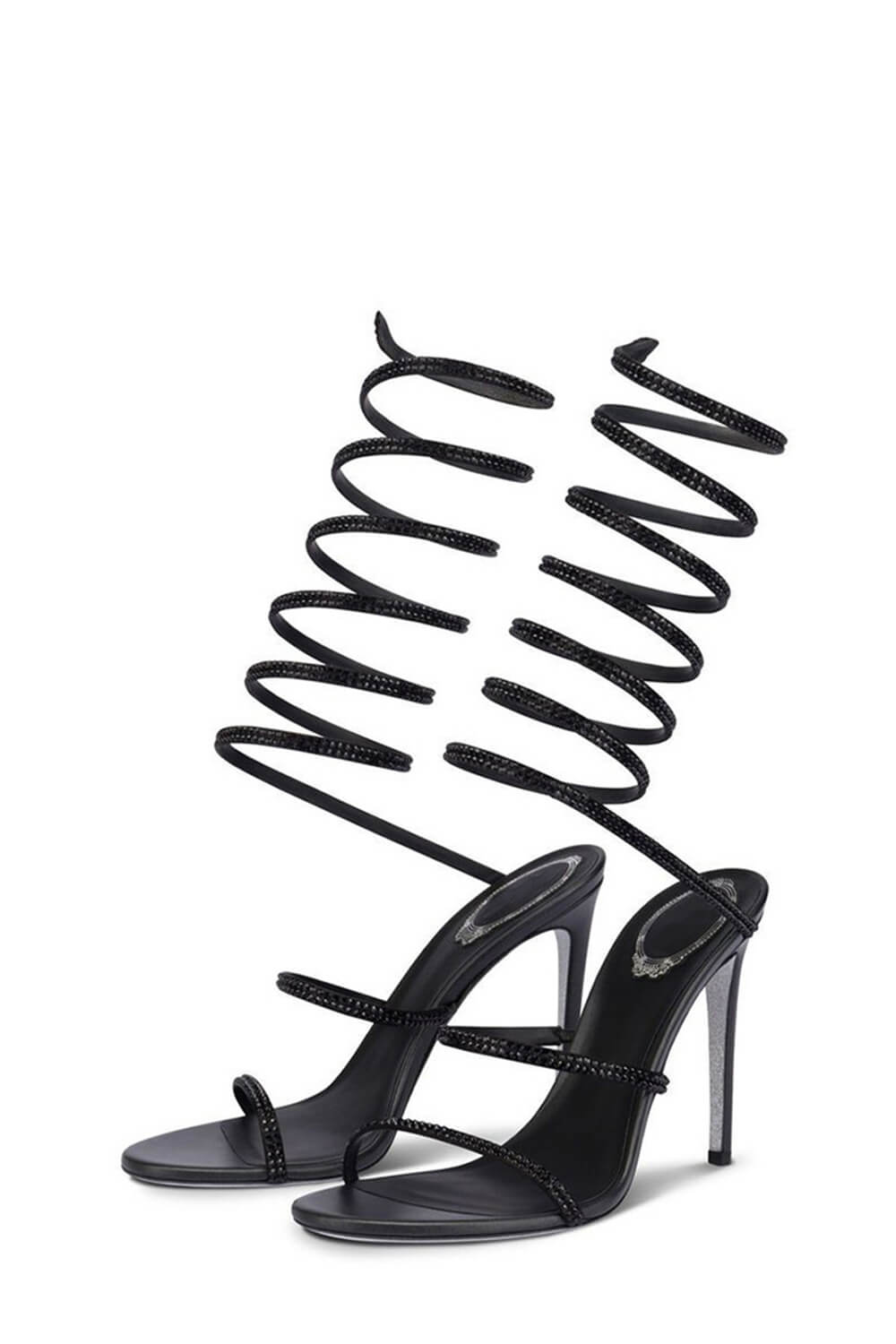 Diamante Wrap Around Almond Open Toe Stiletto Sandals - Black