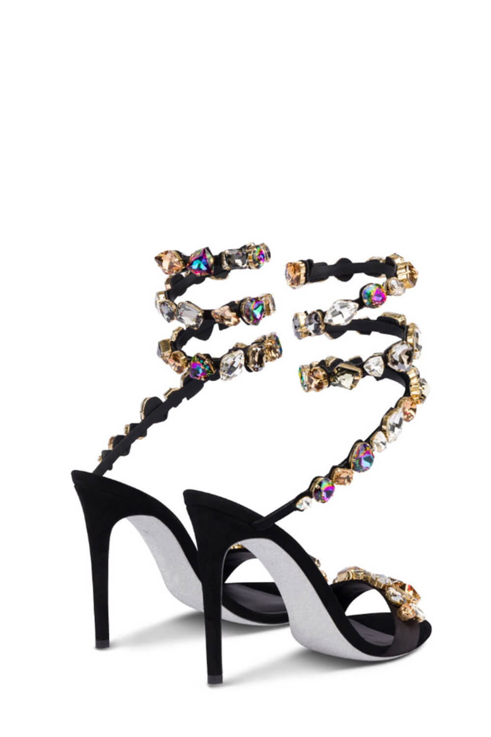 Rhinestones-Embellished Snake Wrap Stiletto Sandals - Multicolor