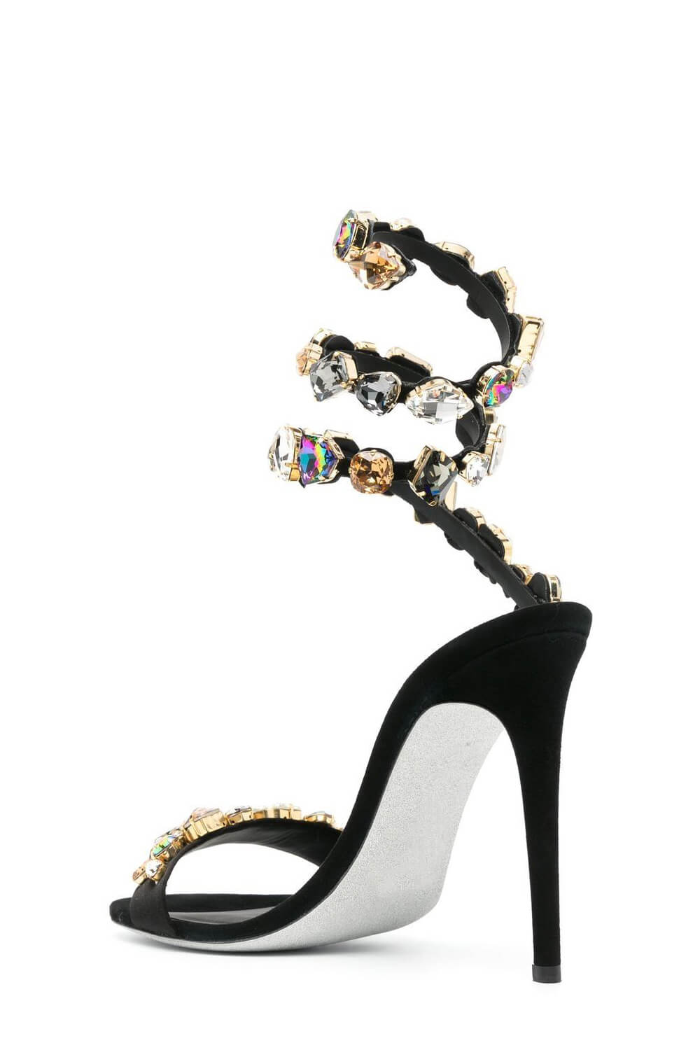 Rhinestones-Embellished Snake Wrap Stiletto Sandals - Multicolor