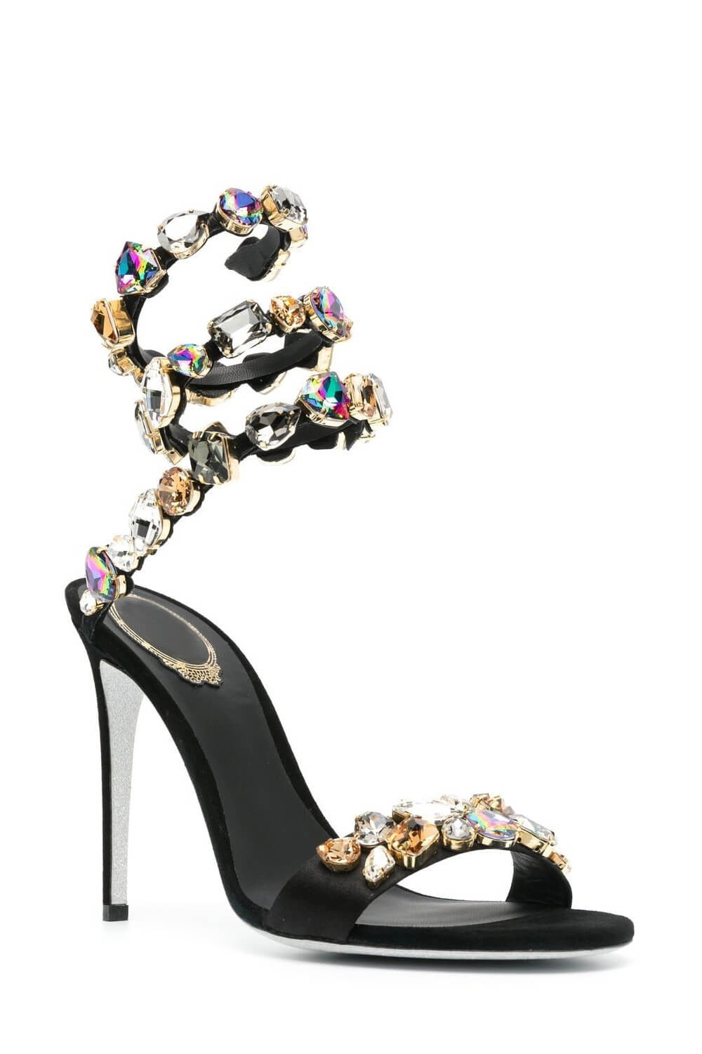 Rhinestones-Embellished Snake Wrap Stiletto Sandals - Multicolor