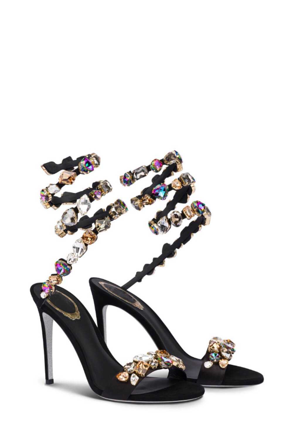 Rhinestones-Embellished Snake Wrap Stiletto Sandals - Multicolor