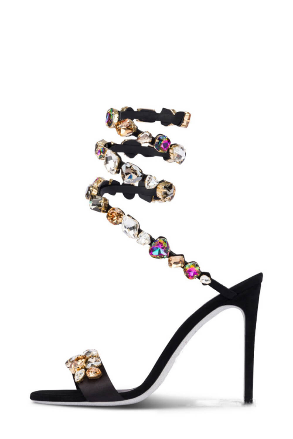 Rhinestones-Embellished Snake Wrap Stiletto Sandals - Multicolor