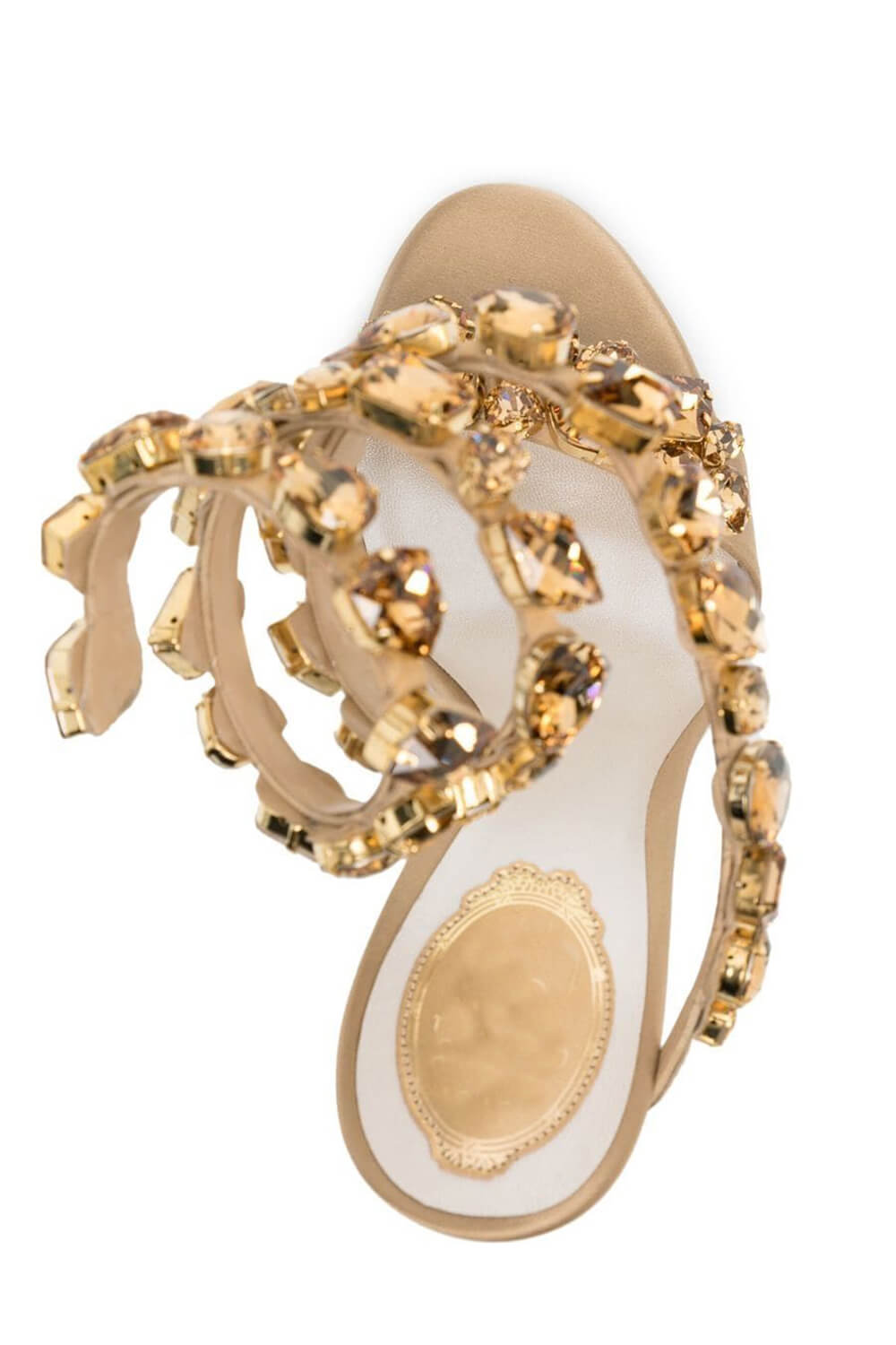 Rhinestones-Embellished Snake Wrap Stiletto Sandals - Gold