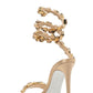 Rhinestones-Embellished Snake Wrap Stiletto Sandals - Gold