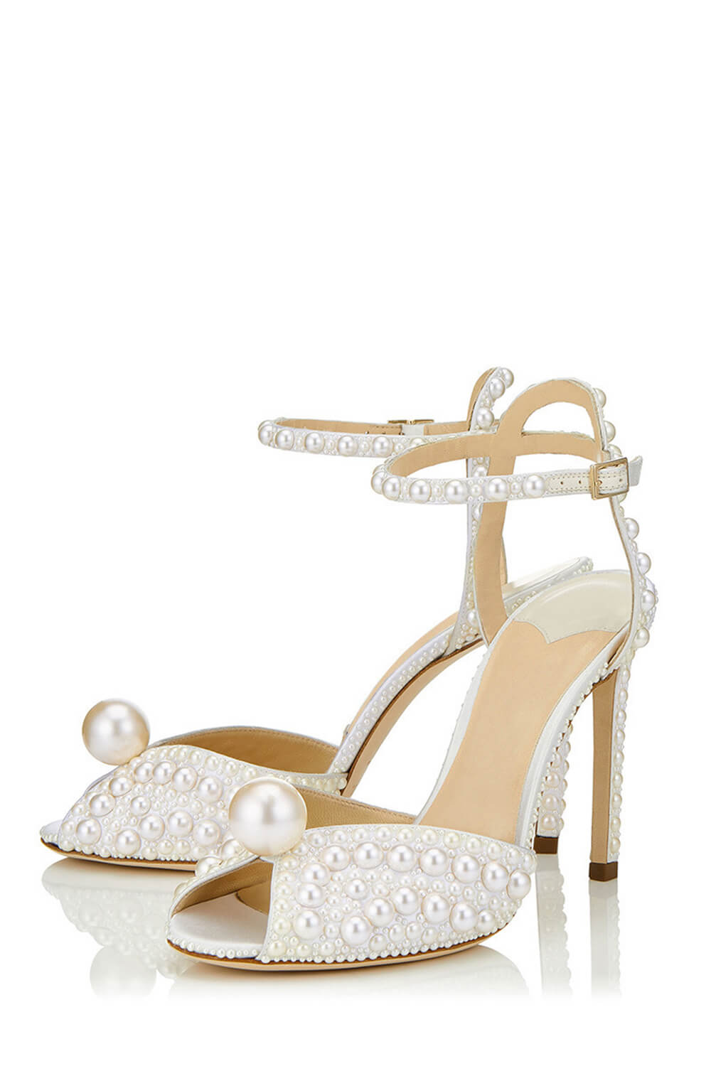 Pearl-Embellished Peep Toe Ankle Stiletto Heels