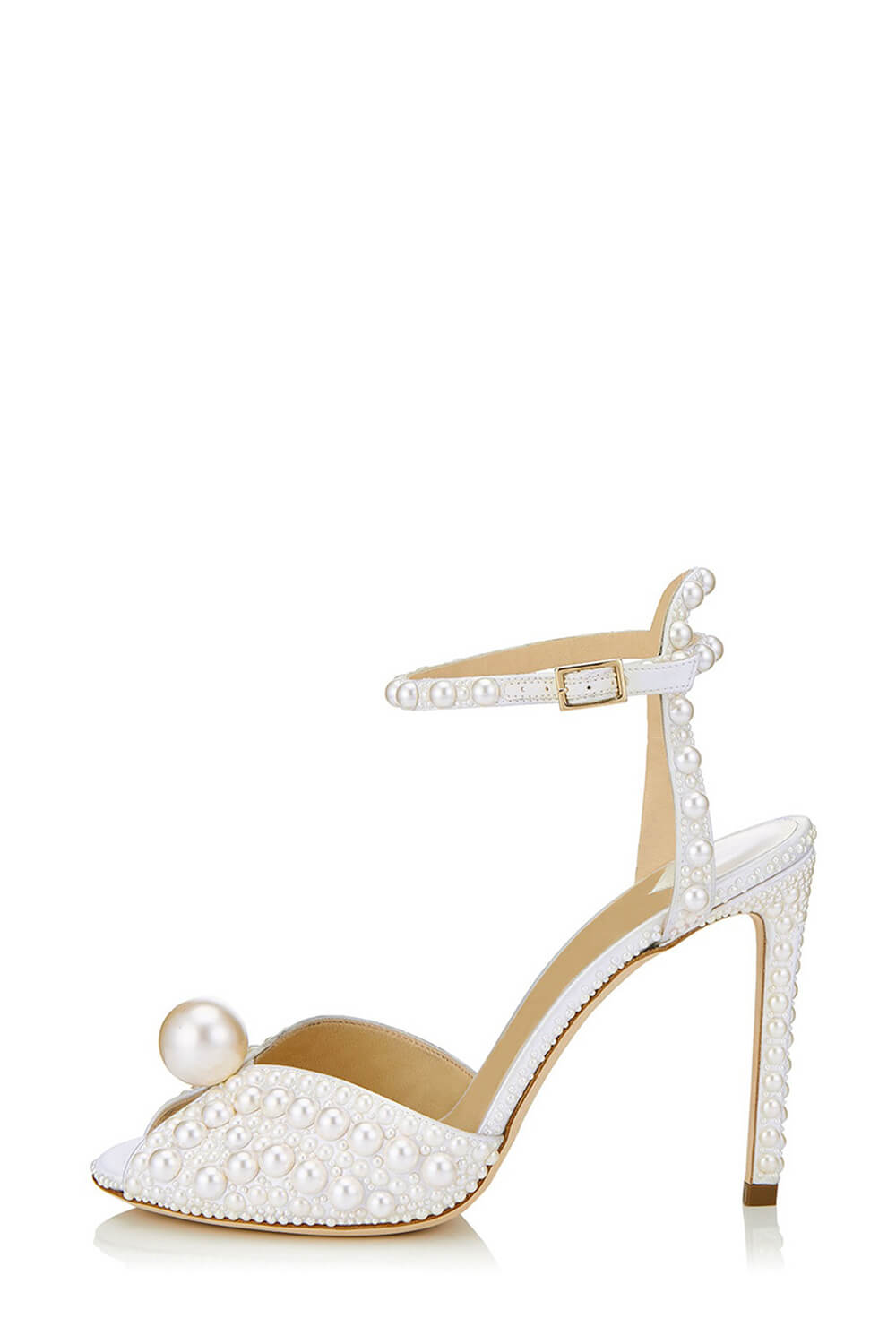 Pearl-Embellished Peep Toe Ankle Stiletto Heels