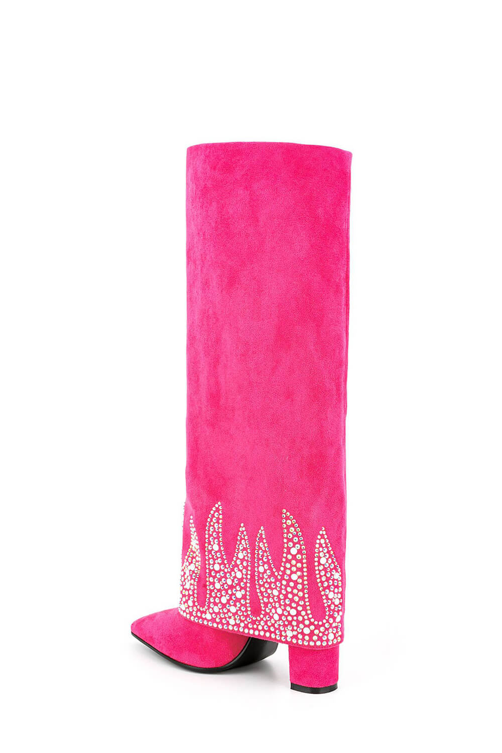 Suede Folded Crystal Knee High Pointed Toe Block Heel Long Boots - Hot Pink