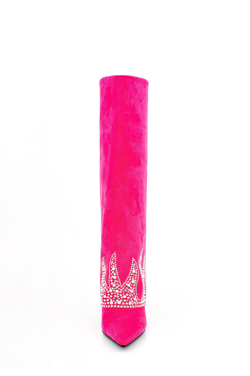 Suede Folded Crystal Knee High Pointed Toe Block Heel Long Boots - Pink