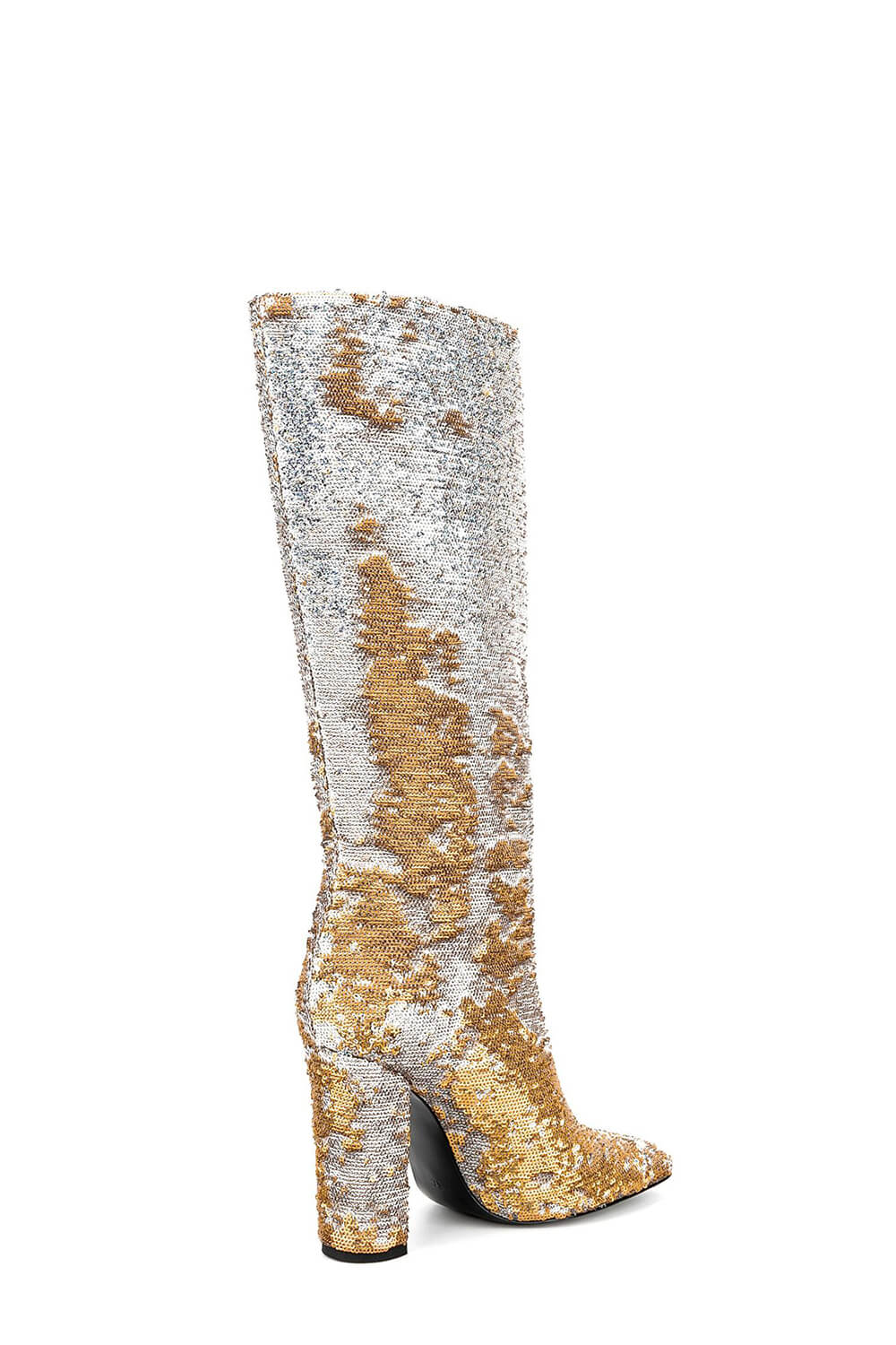 Sequin Knee High Square Toe Block Heel Long Boots - Yellow