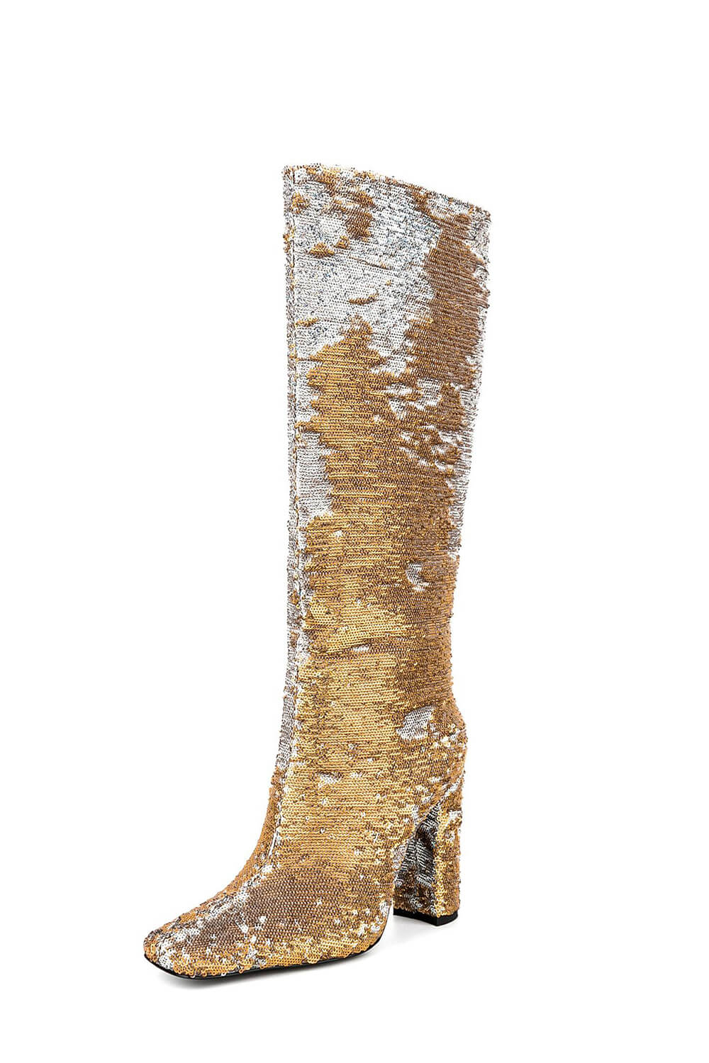 Sequin Knee High Square Toe Block Heel Long Boots - Yellow