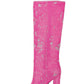 Sequin Knee High Square Toe Block Heel Long Boots - Hot Pink