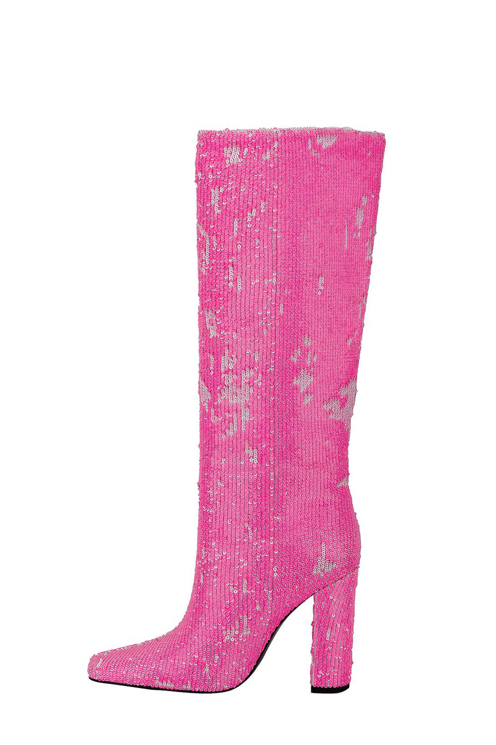 Sequin Knee High Square Toe Block Heel Long Boots - Hot Pink
