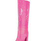 Sequin Knee High Square Toe Block Heel Long Boots - Hot Pink