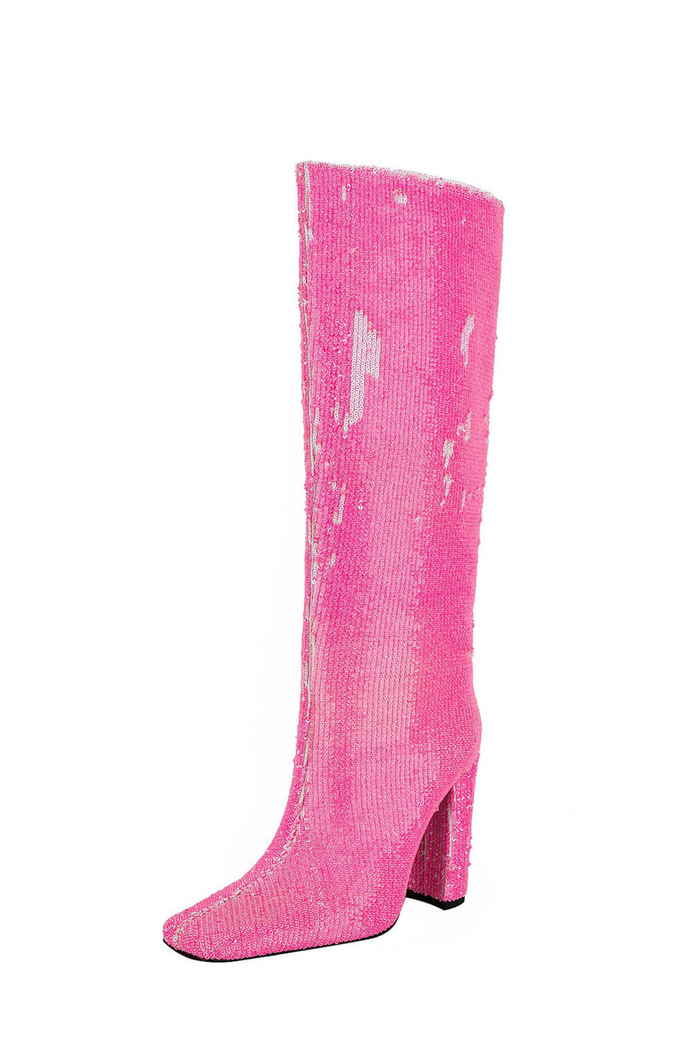 Sequin Knee High Square Toe Block Heel Long Boots - Hot Pink