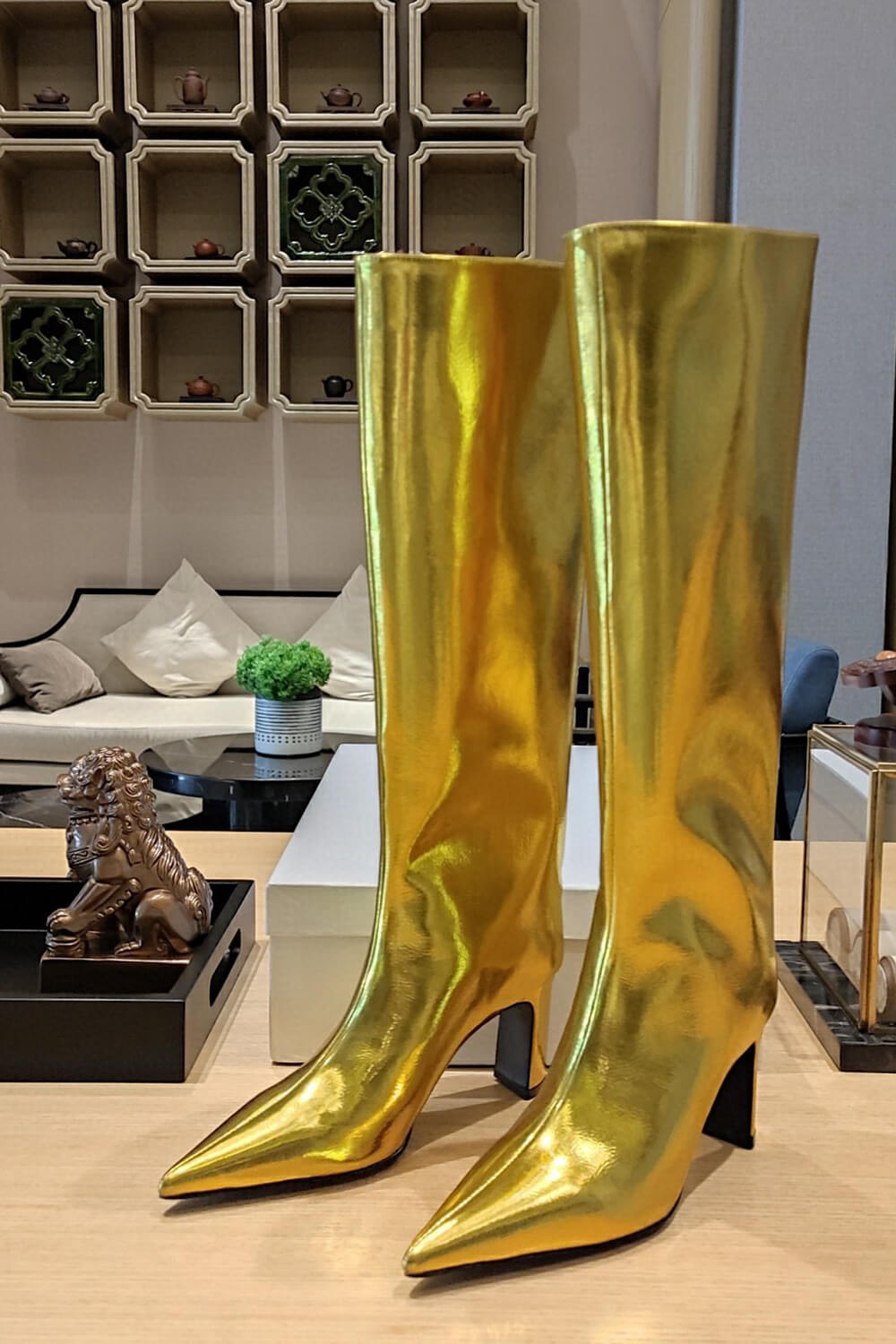 Metallic Faux Leather Pointed Toe Wide Fit Knee High Block Heel Boots - Gold