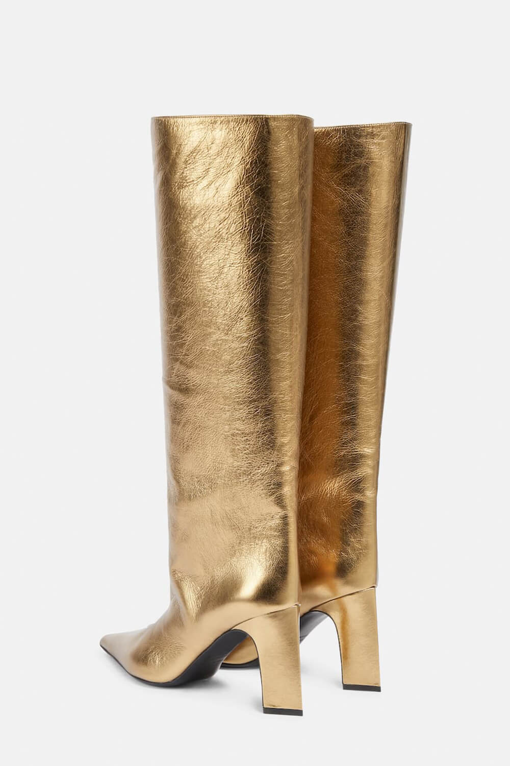 Metallic Faux Leather Pointed Toe Wide Fit Knee High Block Heel Boots - Gold