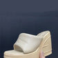 Padded Faux Leather Open Toe Wedge Heeled Mule Sandals - Cream