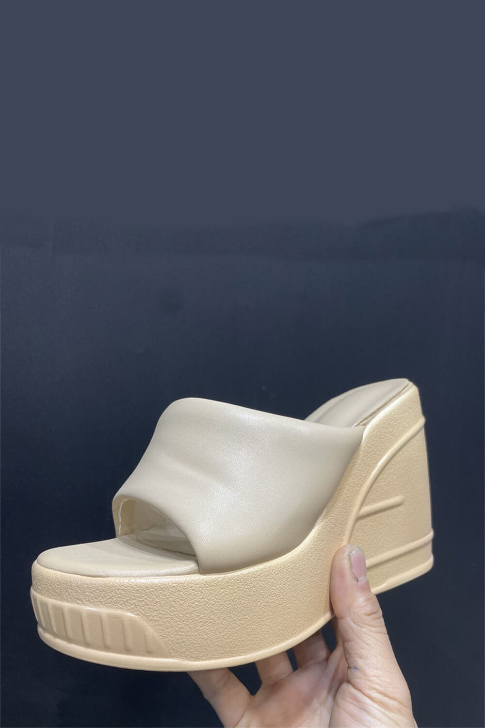 Padded Faux Leather Open Toe Wedge Heeled Mule Sandals - Cream