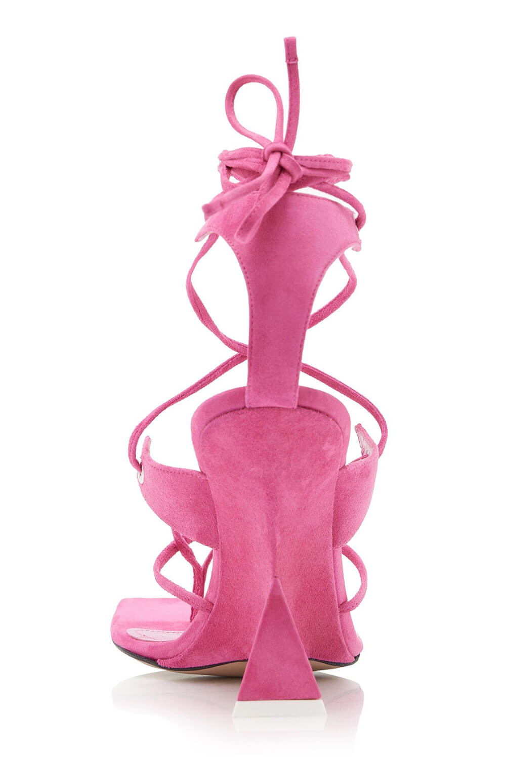 Faux Suede Strap Open Square Toe Lace-Up Pyramid Wedge Thong Sandals - Pink