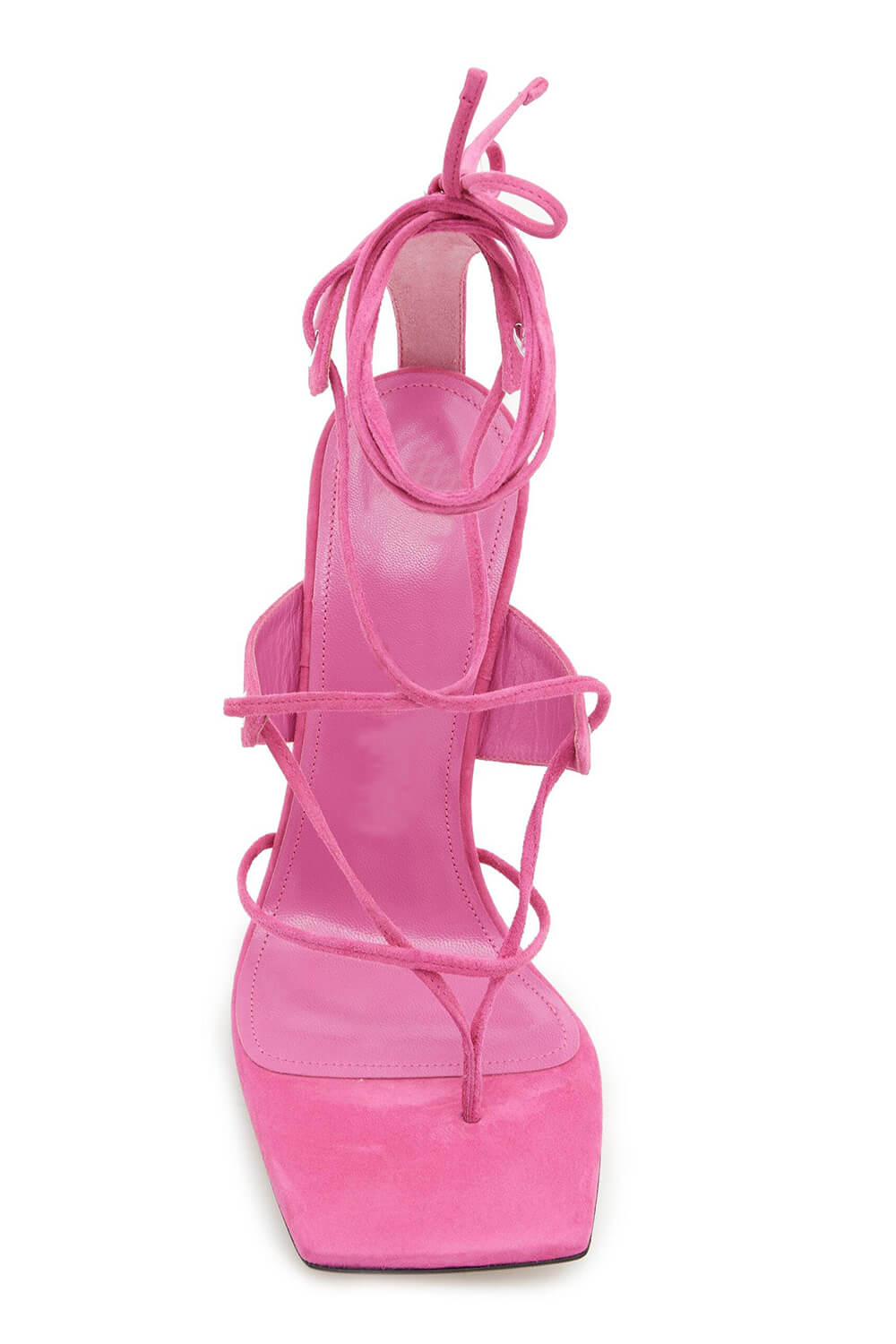 Faux Suede Strap Open Square Toe Lace-Up Pyramid Wedge Thong Sandals - Pink