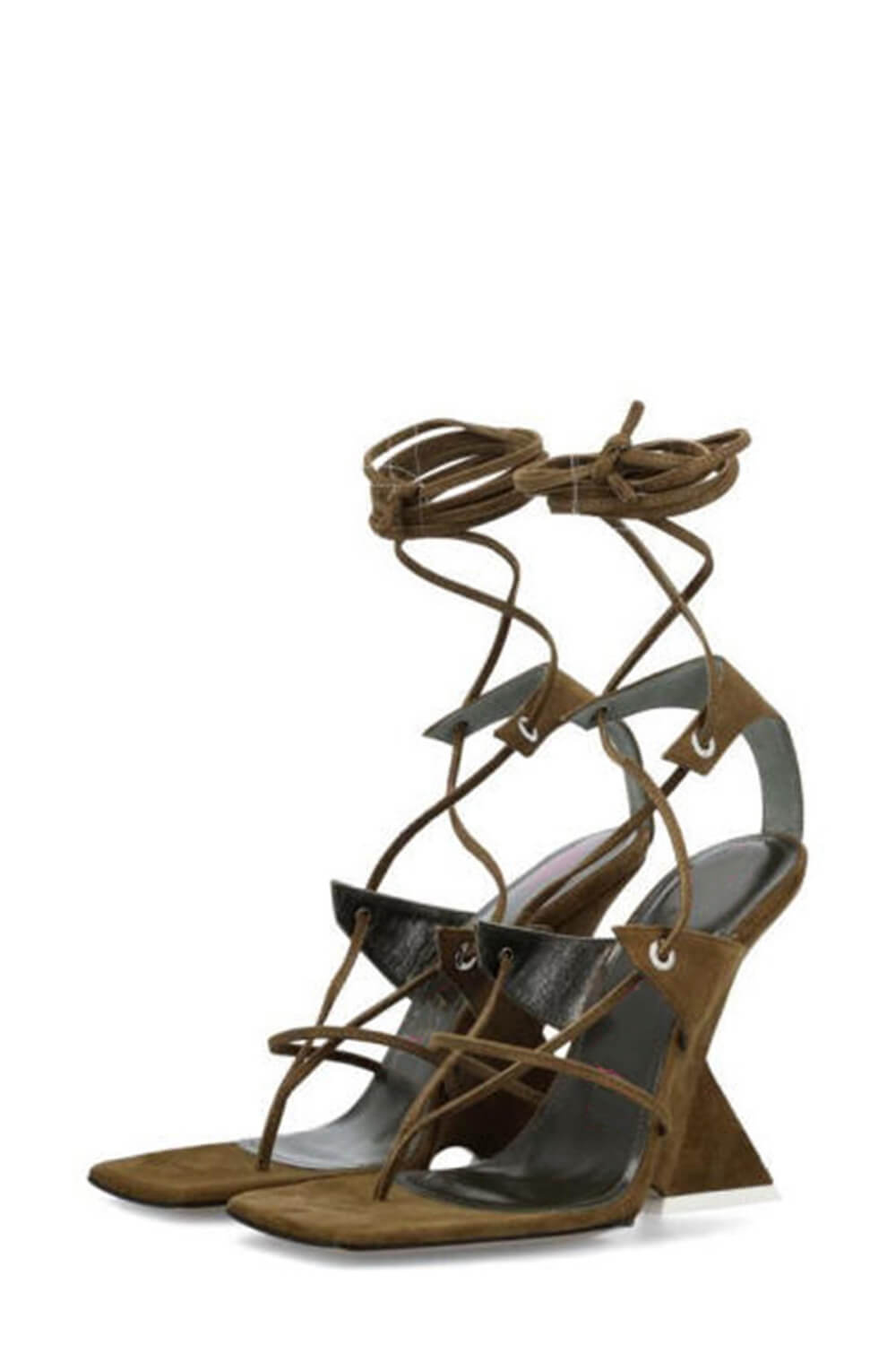 Faux Suede Strap Open Square Toe Lace-Up Pyramid Wedge Thong Sandals - Brown