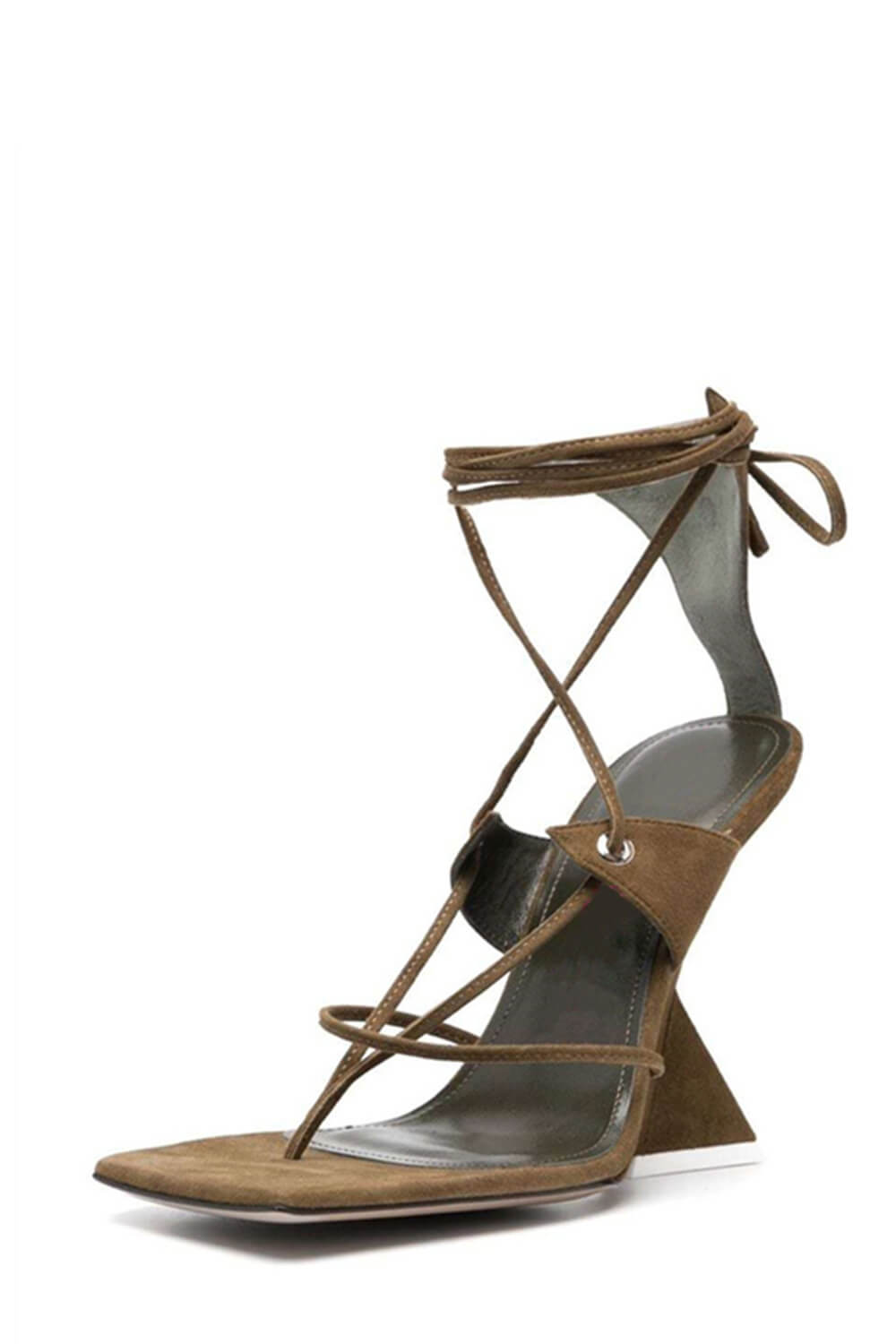 Faux Suede Strap Open Square Toe Lace-Up Pyramid Wedge Thong Sandals - Brown