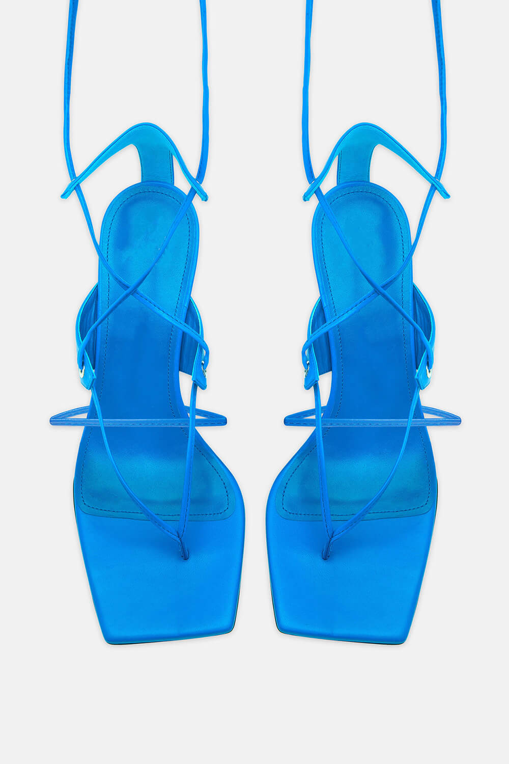 Faux Suede Strap Open Square Toe Lace-Up Pyramid Wedge Thong Sandals - Blue