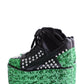 Green Sequined Lace Up Platform Sneakers With Studded Details - Black