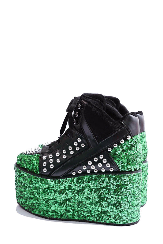 Green Sequined Lace Up Platform Sneakers With Studded Details-Black