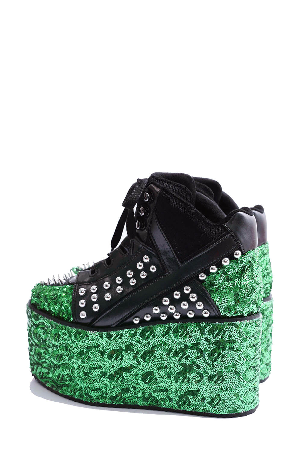 Green Sequined Lace Up Platform Sneakers With Studded Details-Black