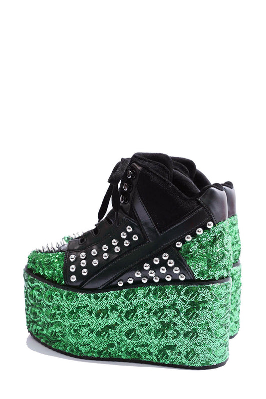 Green Sequined Lace Up Platform Sneakers With Studded Details - Black