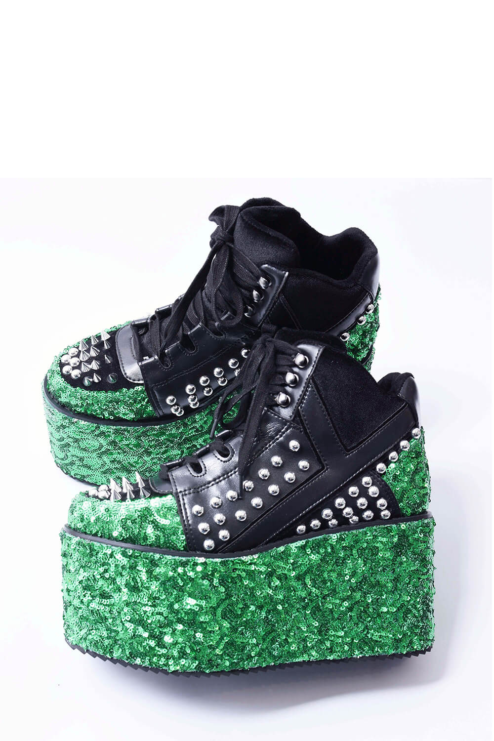 Green Sequined Lace Up Platform Sneakers With Studded Details-Black