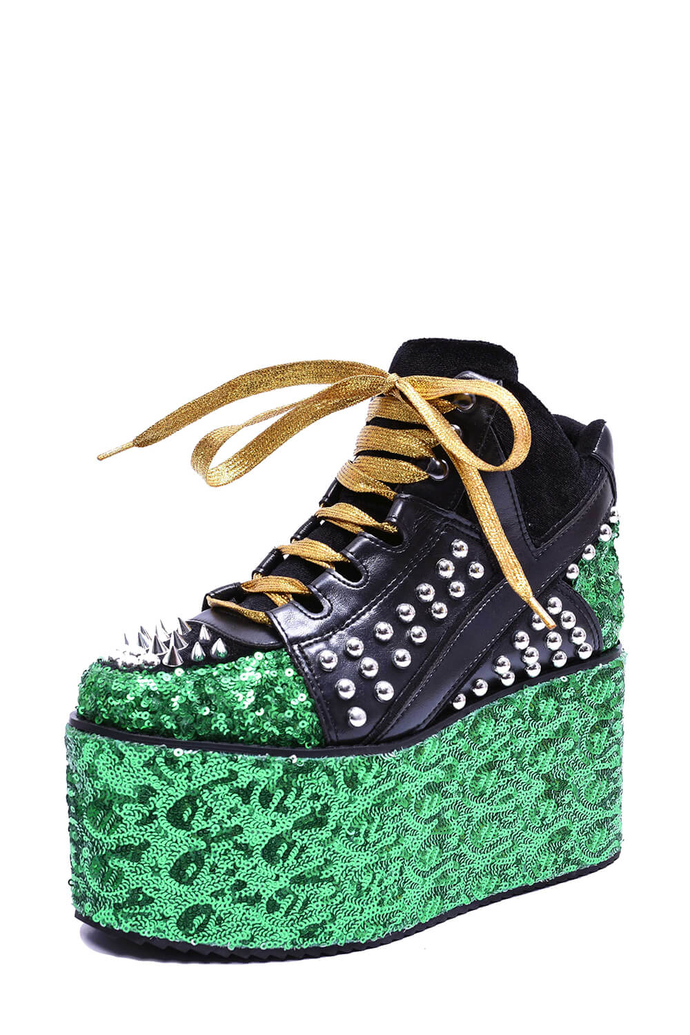 Green Sequined Lace Up Platform Sneakers With Studded Details-Yellow