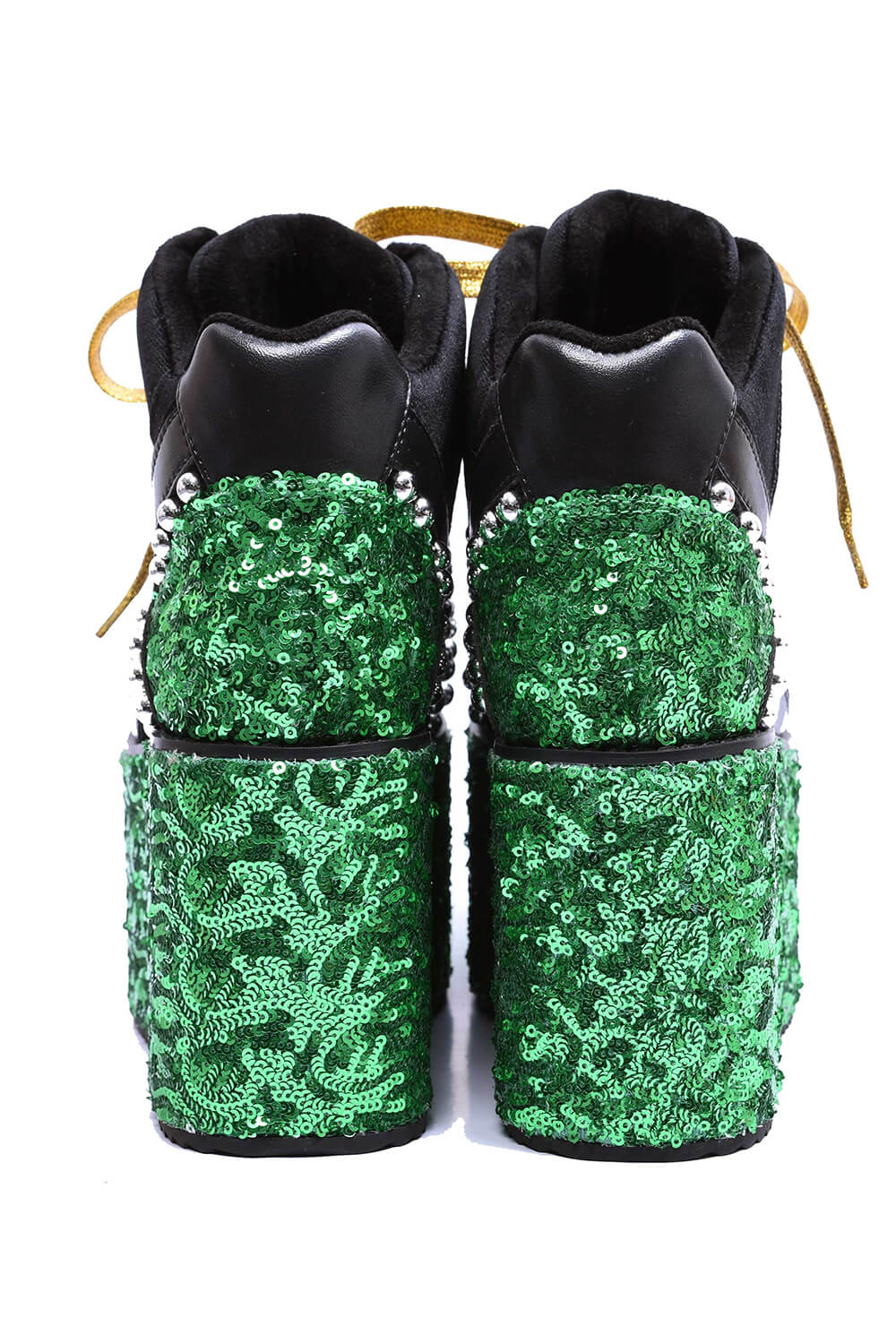 Green Sequined Lace Up Platform Sneakers With Studded Details-Yellow