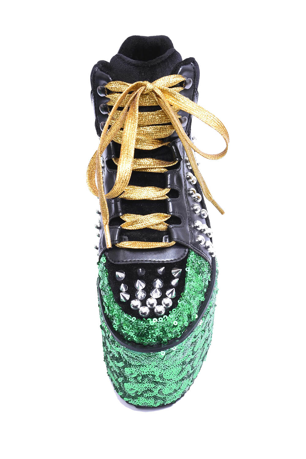 Green Sequined Lace Up Platform Sneakers With Studded Details-Yellow