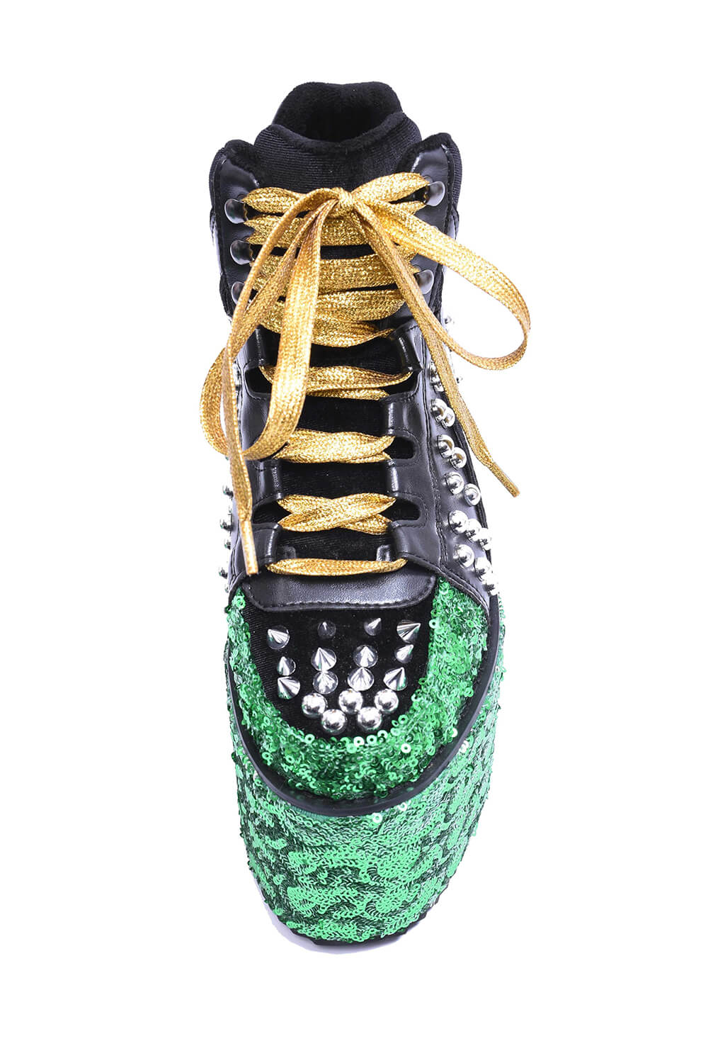 Green Sequined Lace Up Platform Sneakers With Studded Details - Yellow