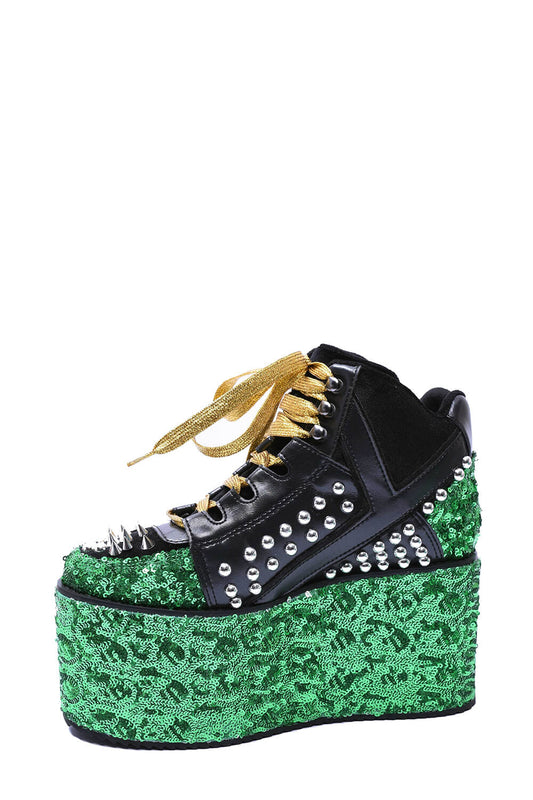 Green Sequined Lace Up Platform Sneakers With Studded Details - Yellow