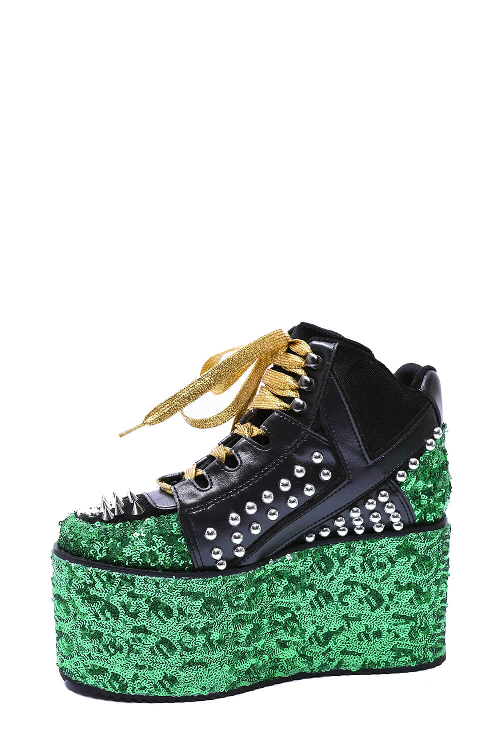 Green Sequined Lace Up Platform Sneakers With Studded Details-Yellow