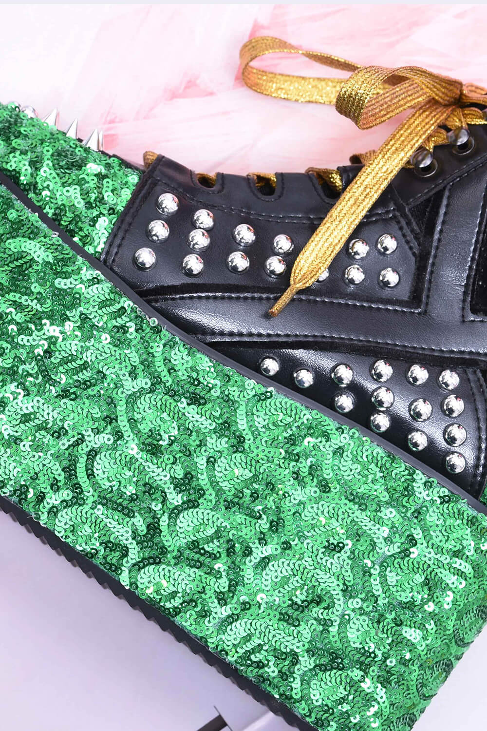 Green Sequined Lace Up Platform Sneakers With Studded Details-Yellow