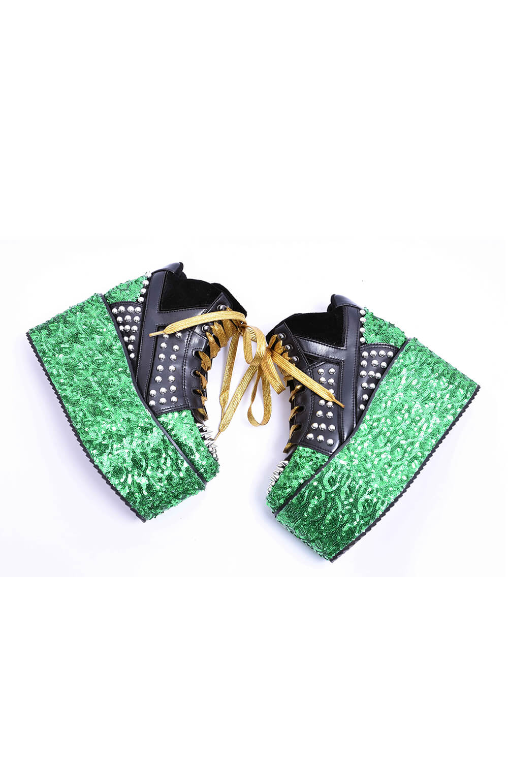 Green Sequined Lace Up Platform Sneakers With Studded Details-Yellow