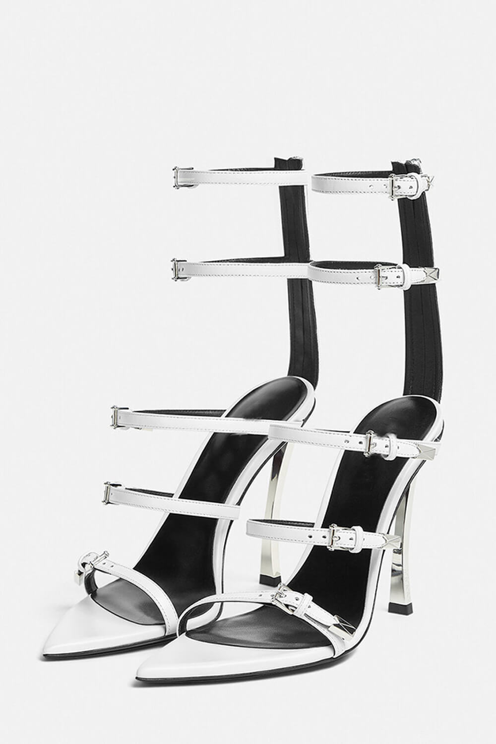 Strappy Buckled Satin Pointed Toe Stiletto Heeled Sandals - White