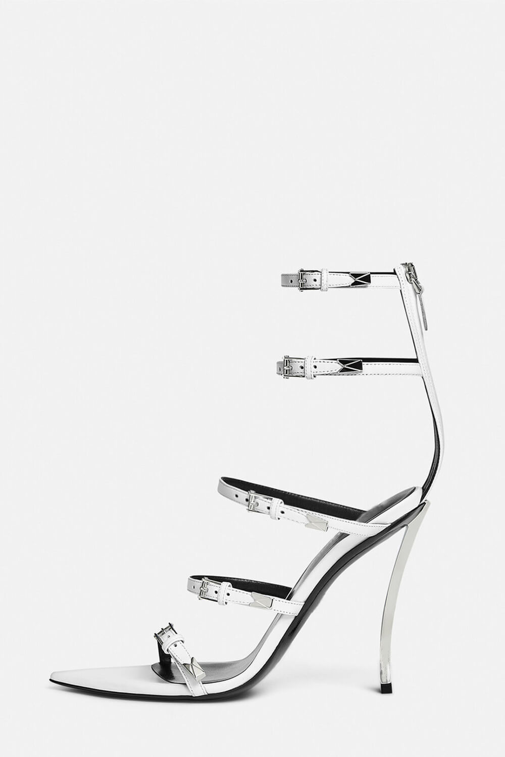 Strappy Buckled Satin Pointed Toe Stiletto Heeled Sandals - White
