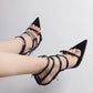 Strappy Buckled Satin Pointed Toe Stiletto Heeled Sandals - Black