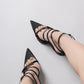 Strappy Buckled Satin Pointed Toe Stiletto Heeled Sandals - Black